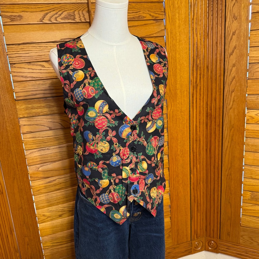 Robyn-Lyn Vintage Christmas Ornament Print Vest Black Medium Holiday Festive